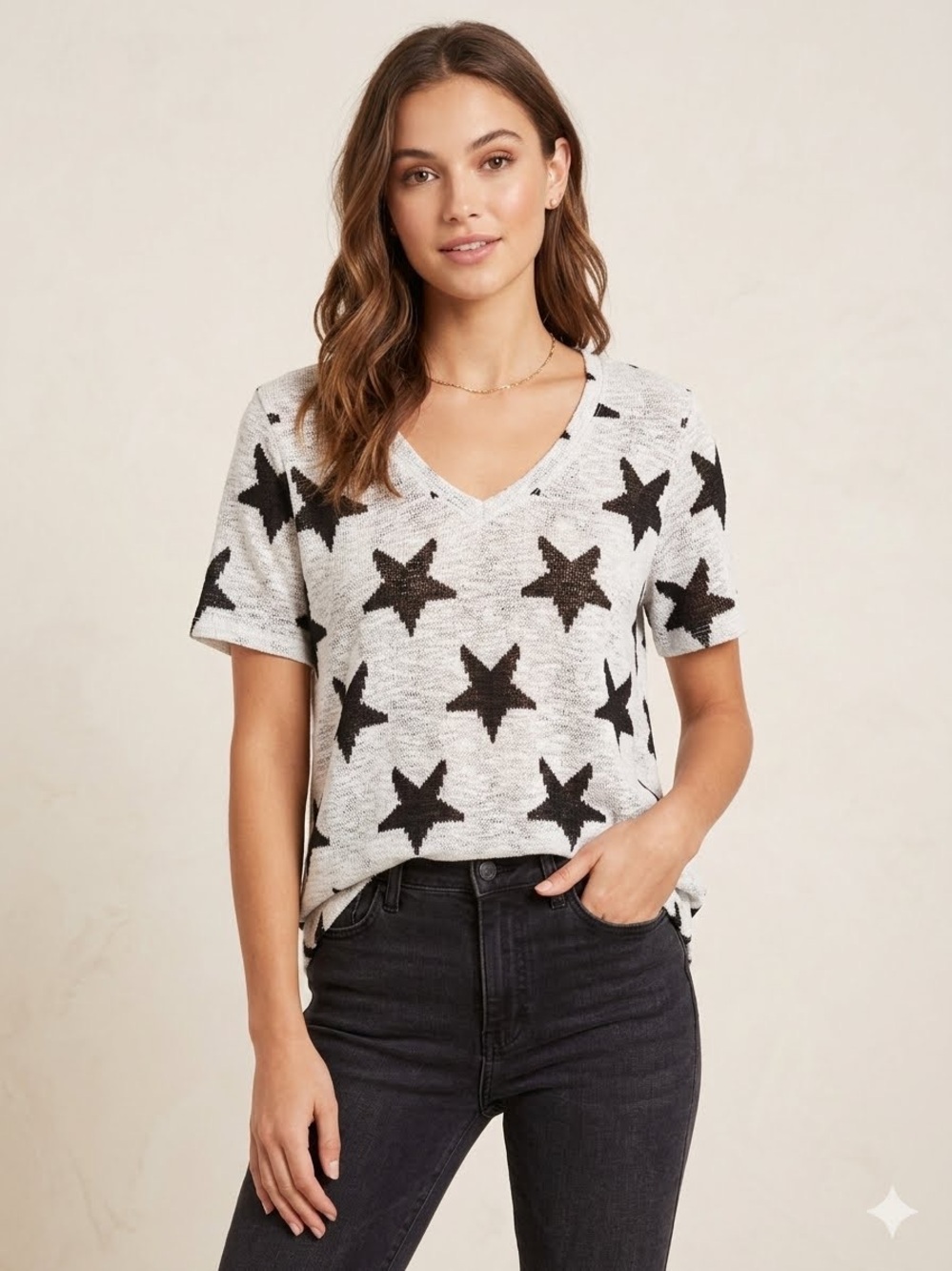 BiBi Black Star Pattern Short Sleeve V-Neck Top